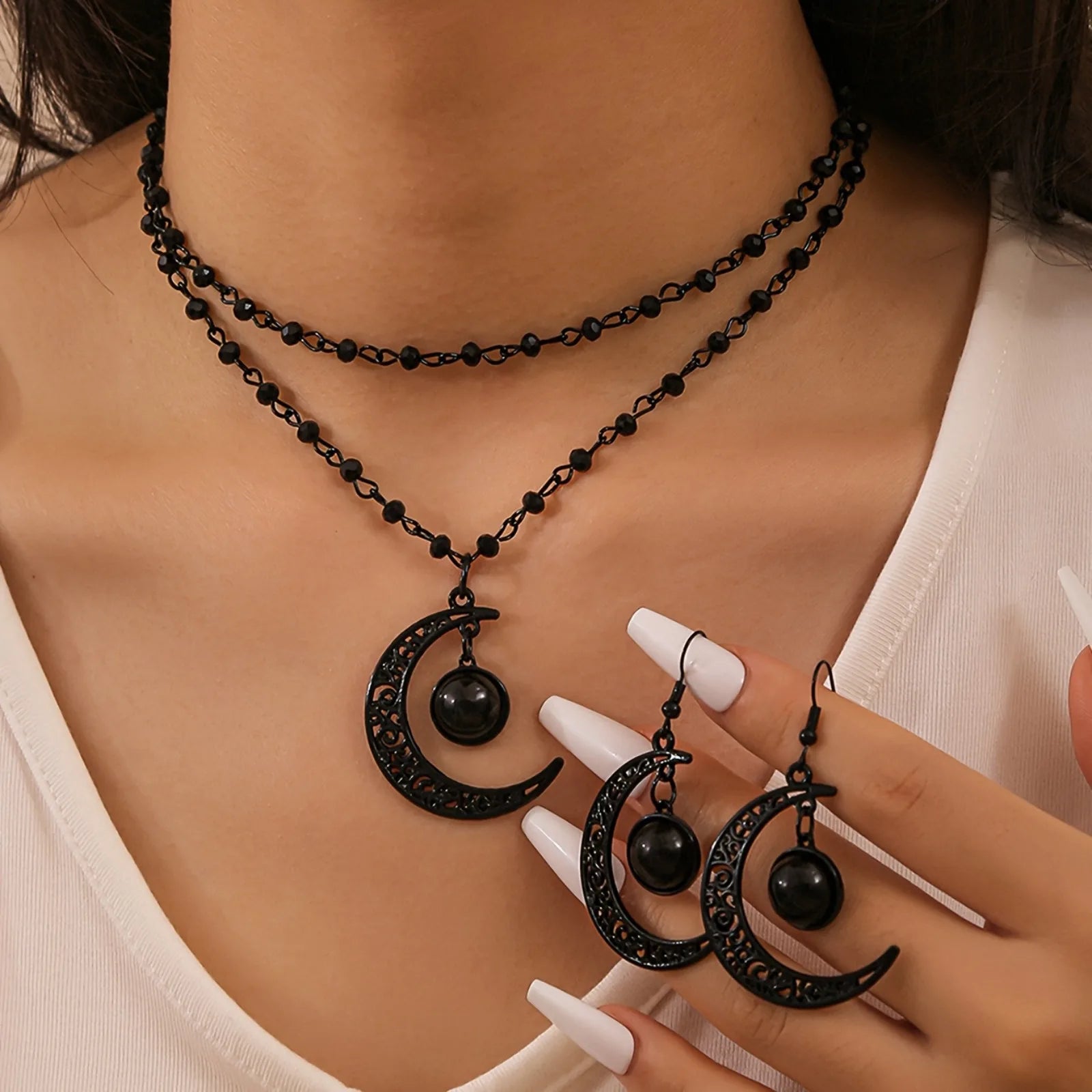 Gothic Punk 4Pcs Necklace Earrings Set Black Hollow Moon Pendant Beaded Design Unique Layered Necklace Perfect for Halloween