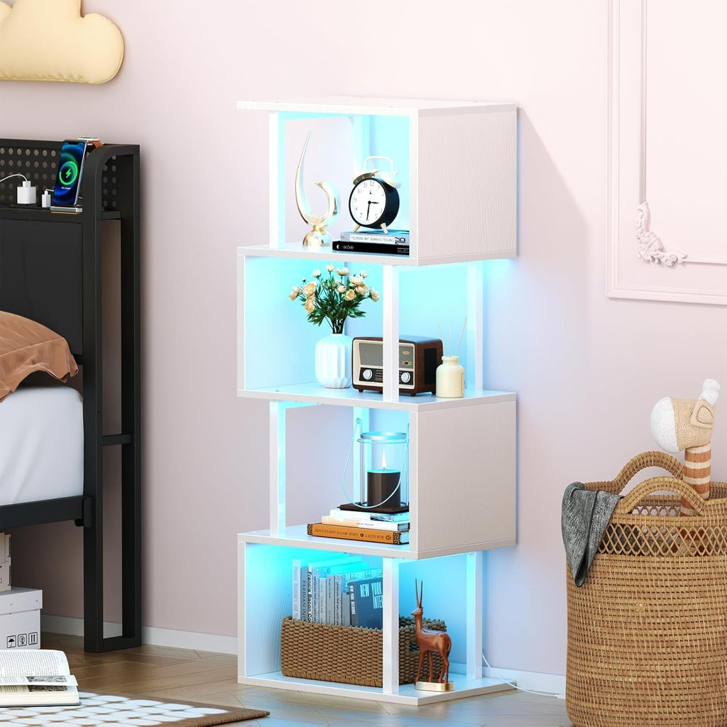 White Geometric Bookshelf with LED Light, 5 Tier S-Shaped Small