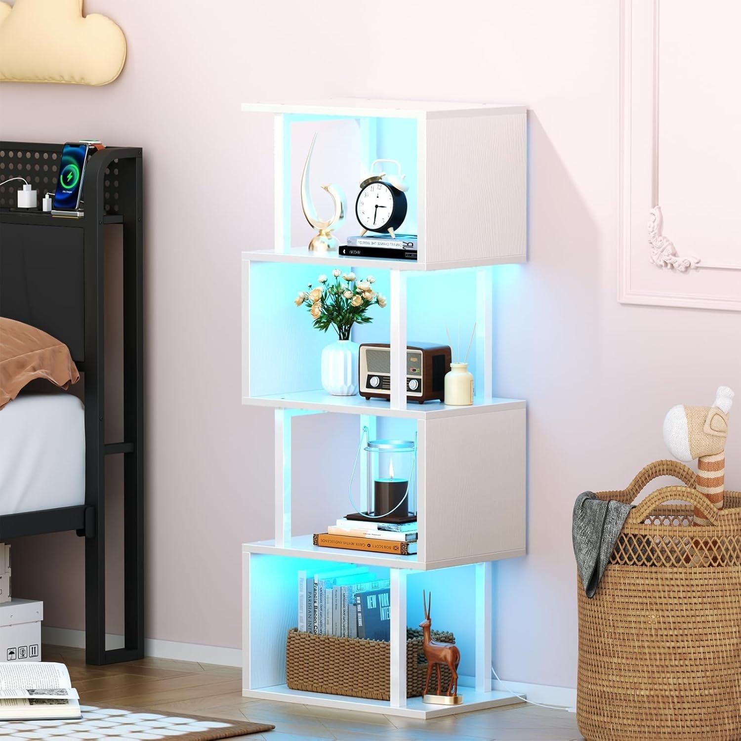 White Geometric Bookshelf with LED Light, 5 Tier S-Shaped Small