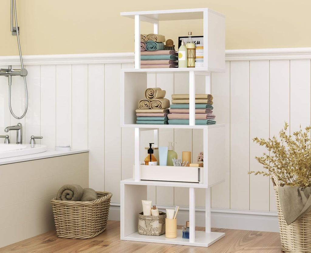 White Geometric Bookshelf with LED Light, 5 Tier S-Shaped Small