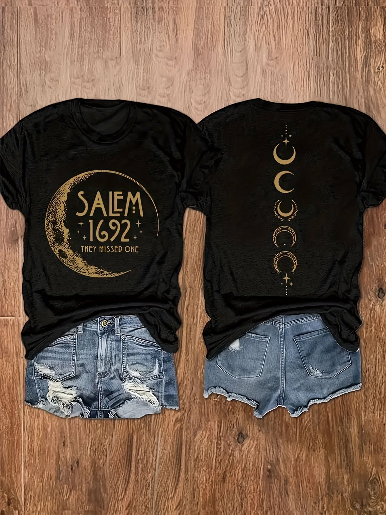 Women's Casual Short Sleeve T-Shirt - Black Celestial Moon & Phases Print with Salem 1692 Witch Trial Graphic, Semi-Sheer Round Neck Top, Machine Washable Regular Fit H-Line Tee for All Seasons, Everyday Outfit, Vintage Aesth