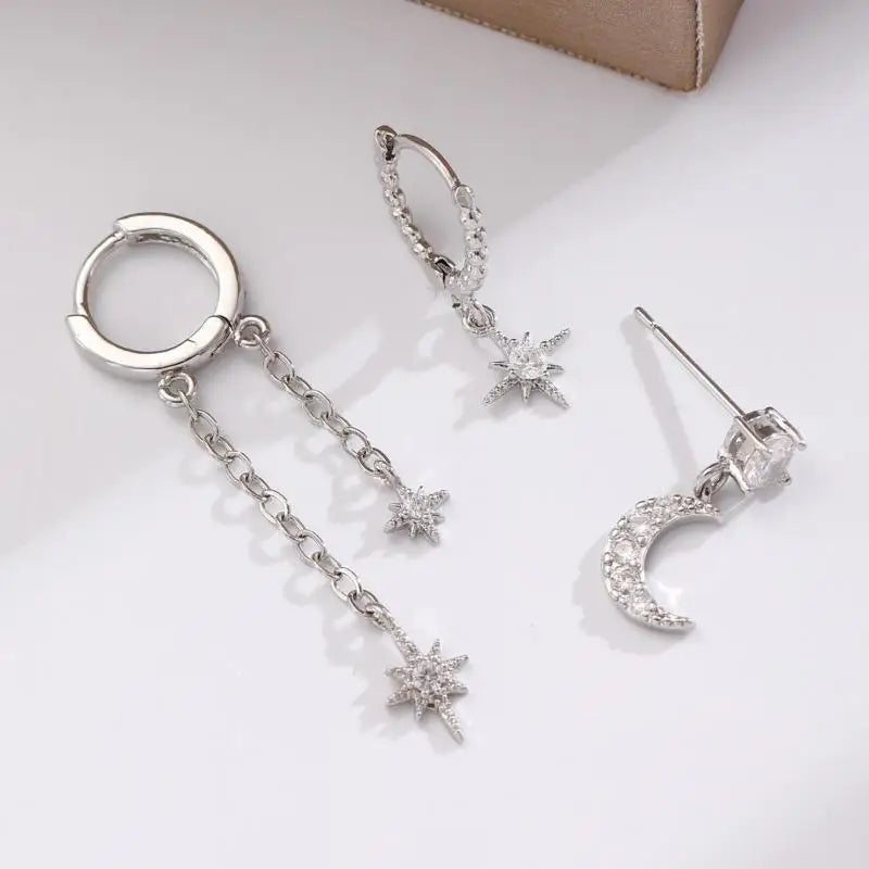 European And American Star Moon Asymmetric Earrings Three-piece Set Ins Fashion Zircon Hoop Earrings Fashion Elegant Jewelry