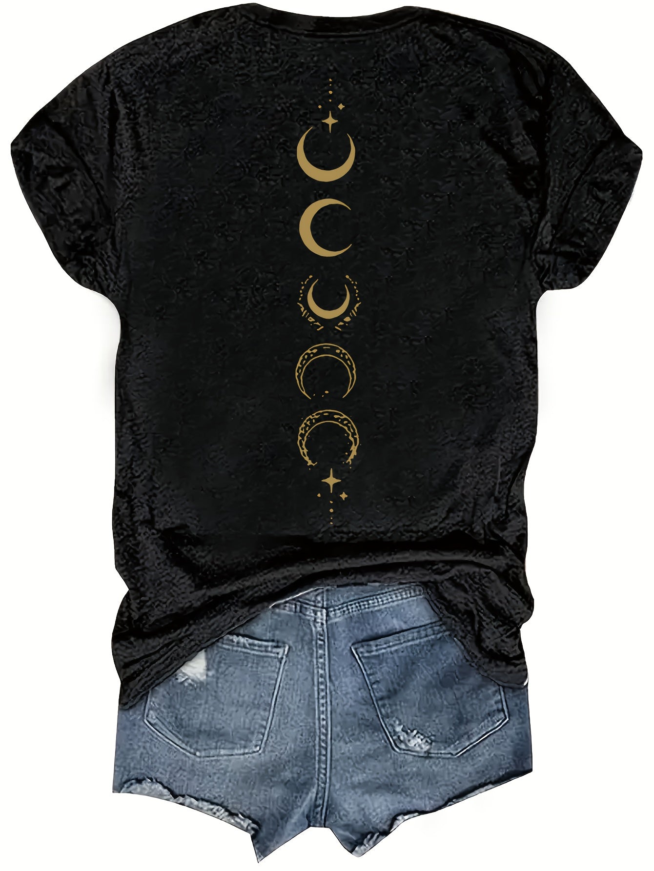 Women's Casual Short Sleeve T-Shirt - Black Celestial Moon & Phases Print with Salem 1692 Witch Trial Graphic, Semi-Sheer Round Neck Top, Machine Washable Regular Fit H-Line Tee for All Seasons, Everyday Outfit, Vintage Aesth