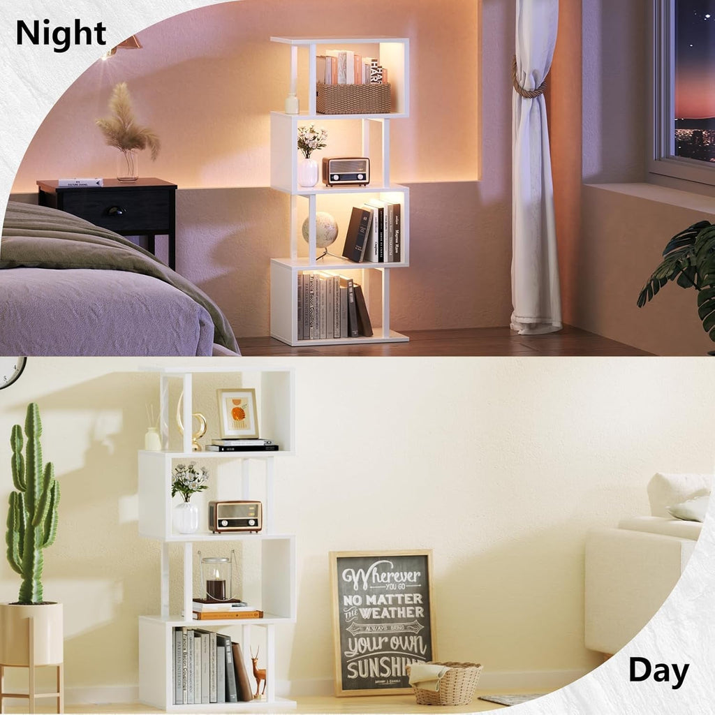 White Geometric Bookshelf with LED Light, 5 Tier S-Shaped Small