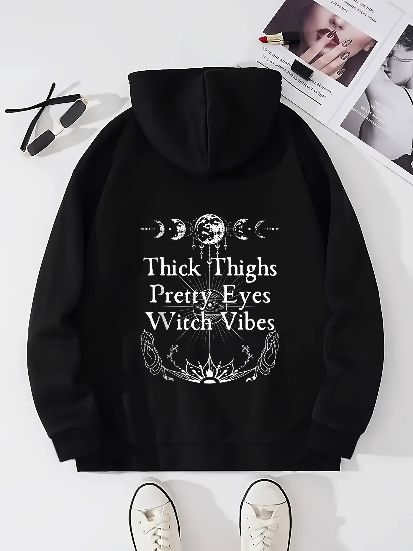 Women's Witchy Moon Phases & "Thick Thighs Pretty Eyes Witch Vibe" Graphic Hooded Sweatshirt - Gothic Lettering, Crescent Moon Print, Casual Pullover for Witchy Aesthetic, All-Season Comfort (Machine Washable), Everyday Outfi
