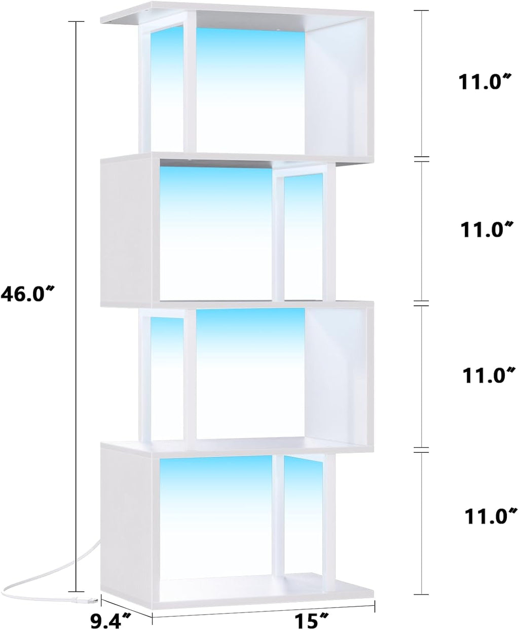 White Geometric Bookshelf with LED Light, 5 Tier S-Shaped Small