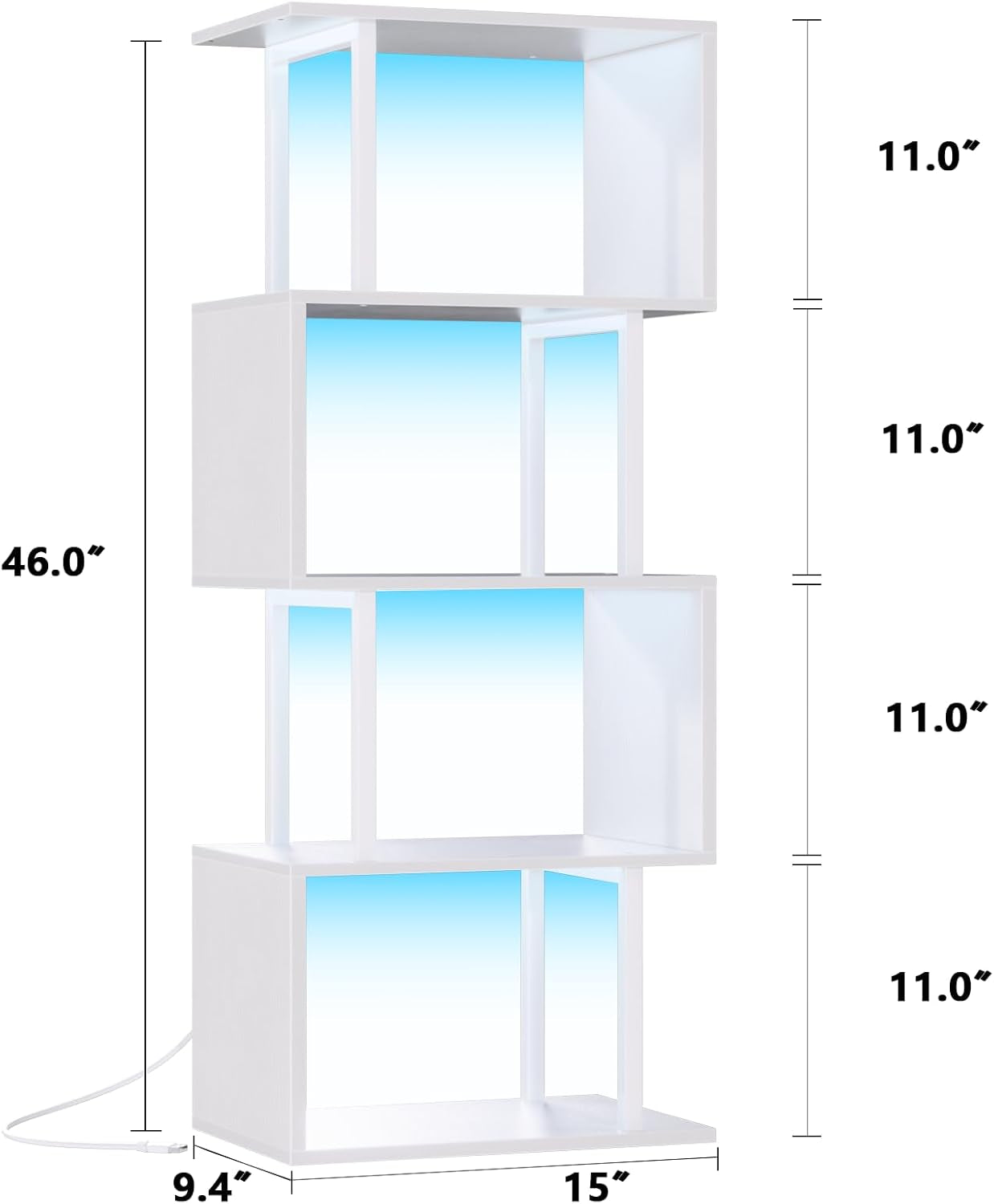 White Geometric Bookshelf with LED Light, 5 Tier S-Shaped Small
