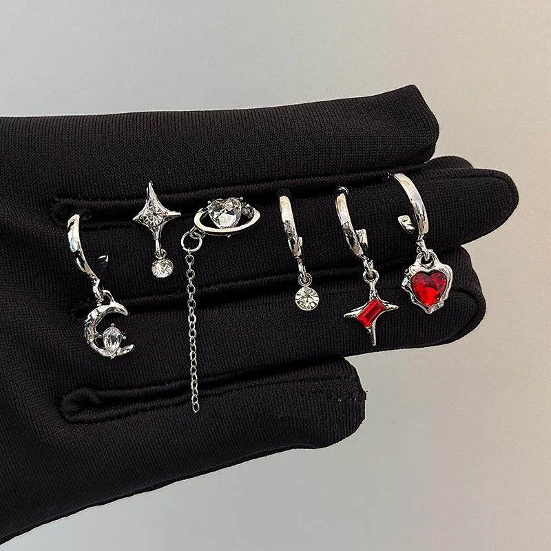 6PS Goth Trendy Red Crystal Star Moon Cross Tassel Pendant Earring Set For Women Men Vintage Punk Y2K Grunge Jewelry Accessories