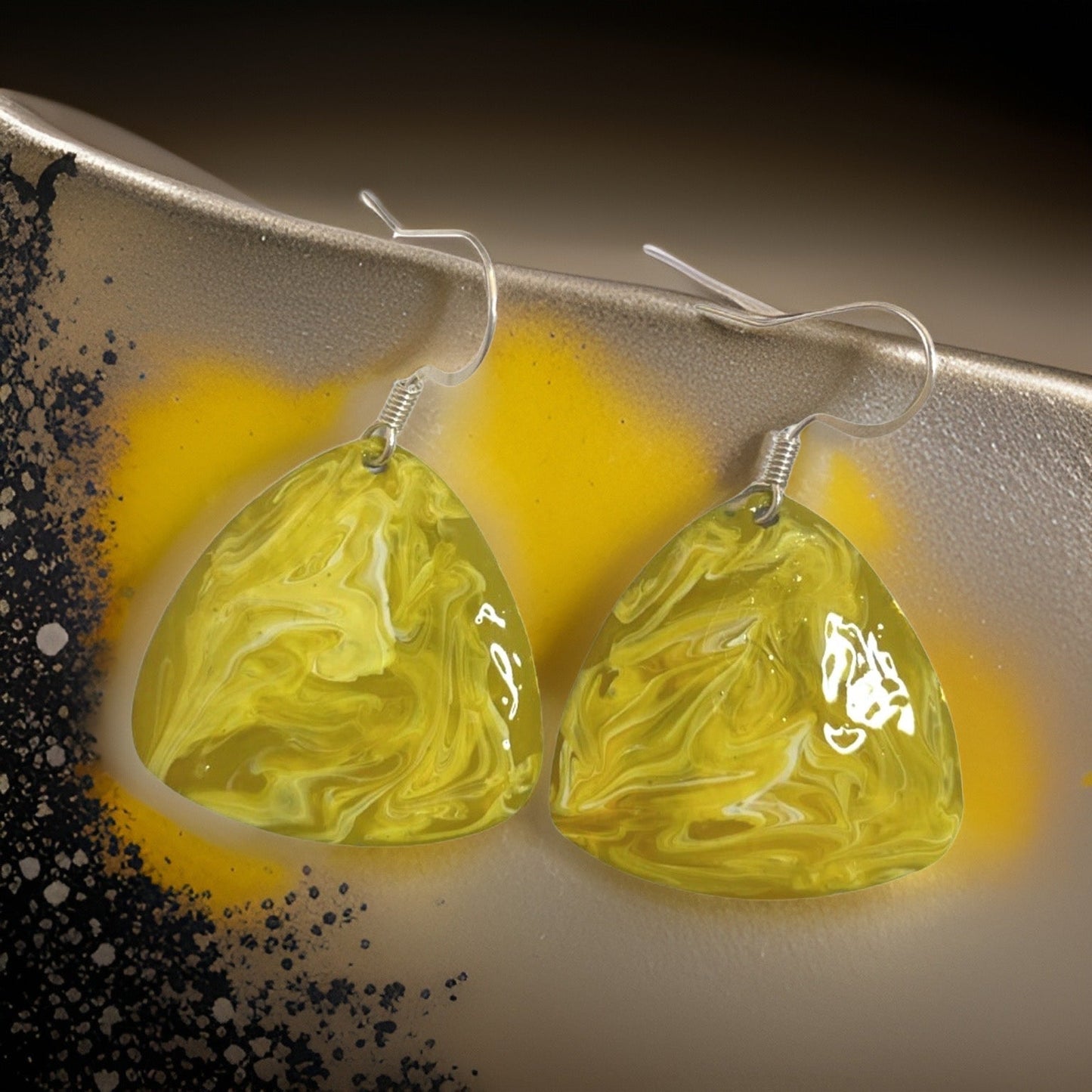 Yellow & White Hand Painted Marbleized Guitar Pick Earrings
